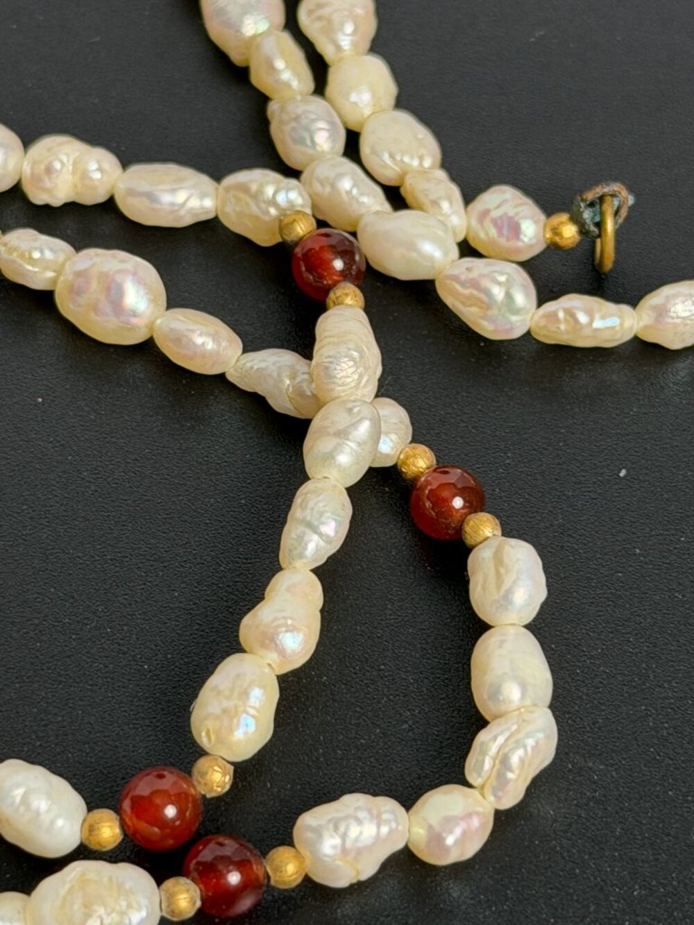 Vintage Freshwater Cultured Baroque Pearl Red Carnelian Bead Necklace 19”